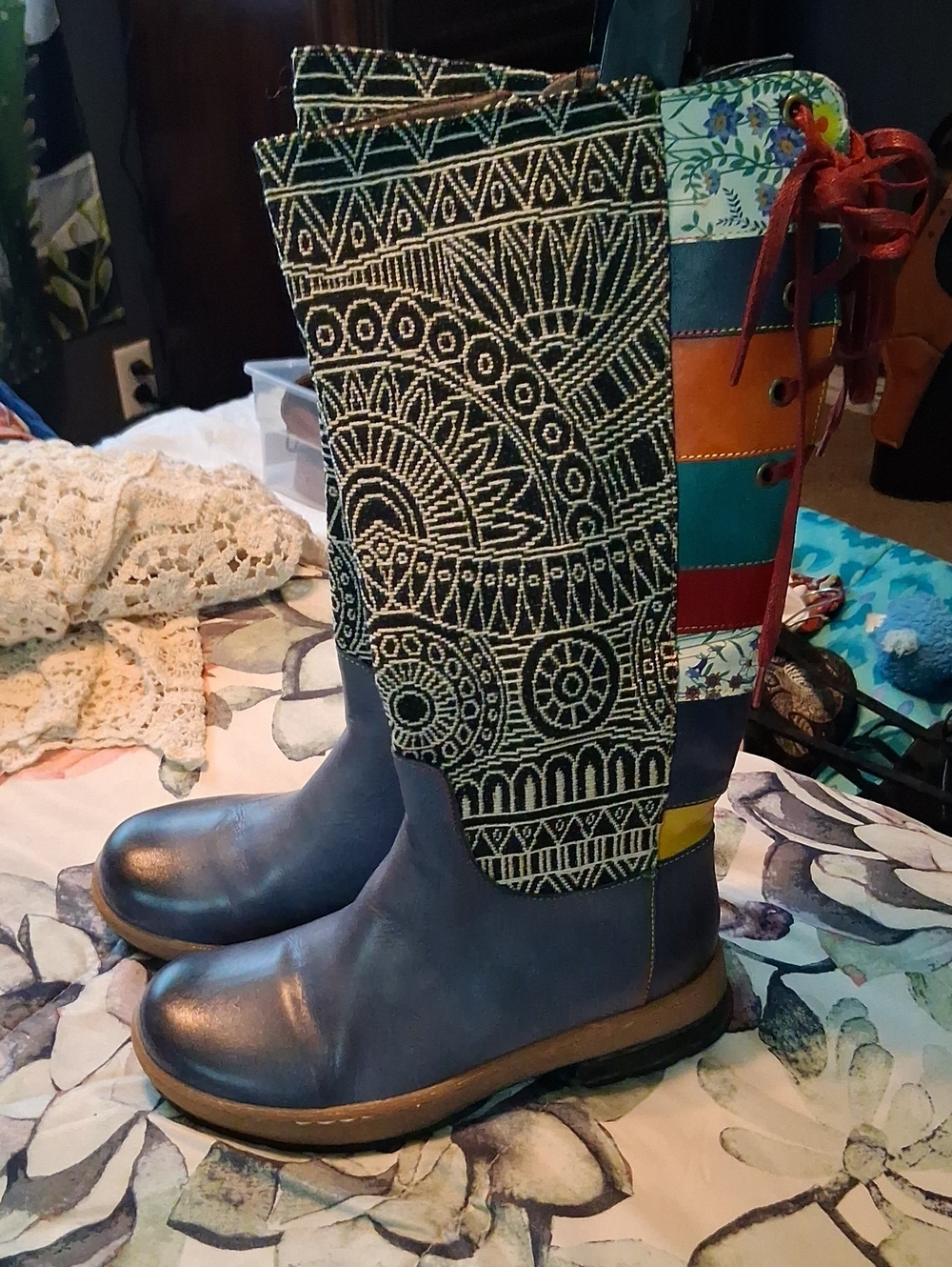 Women's Blue Patterned Tall Winter Boots